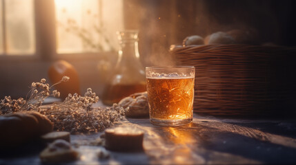 Craft beer in a glass on a table, surrounded by bread, bottle and flowers near window with natural light shining