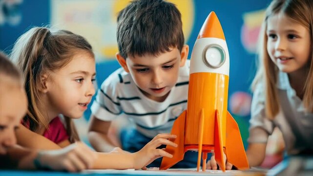 Children exploring a rocket toy.  Group of young children focused on a plastic rocket, possibly in a classroom setting.  Their curious expressions and interactions suggest an active learning moment