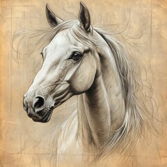 Elegant white horse portrait on parchment paper