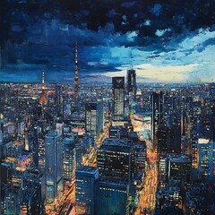 Fototapeta premium Sunset skyline of Tokyo city with glowing lights high resolution picture