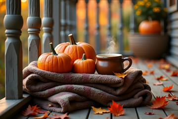 A Captivating Autumn Porch Scene, Pumpkins, Warm Beverage, and Cozy Blanket Embrace the Essence of the Season with a Golden Sunset Backdrop, Creating a Tranquil Atmosphere