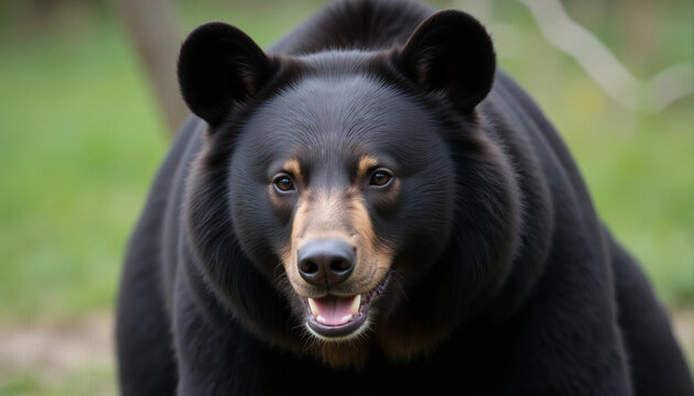 A striking portrait of a black bear with a golden muzzle showcasing its powerful presence and captivating gaze in a natural setting.
