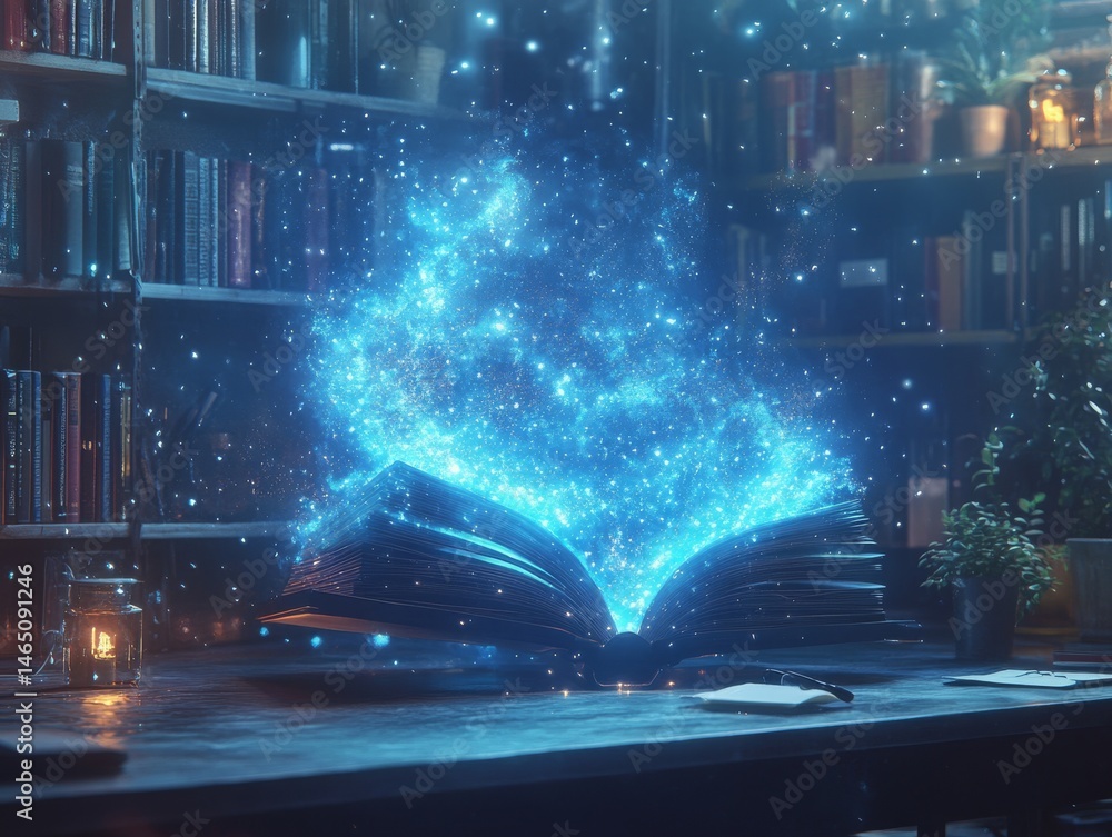 Aufkleber enchanting library: an open tome unleashing a galaxy of knowledge and mystical light, illuminating t