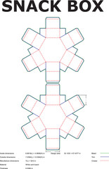 Detailed vector illustration showcasing a snack box die-line layout design with dimensions suitable for packaging.
