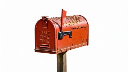 Vintage Red Mailbox with Time Theme on White Background