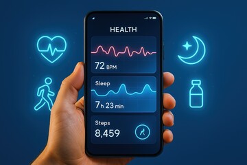 Health Tracking with Smart Phone: A person holds a smart phone displaying a health application with dynamic icons, highlighting the intersection of technology and wellbeing in a digital world.