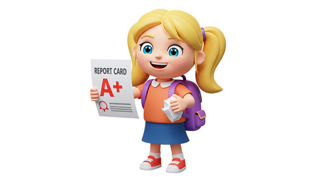 Cartoon girl student with a plus report card back to school education success happy child academic achievement on transparent background