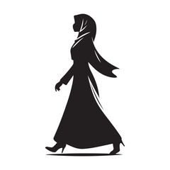 Hand-drawn style vector of a modest hijabi woman in full black silhouette on white background