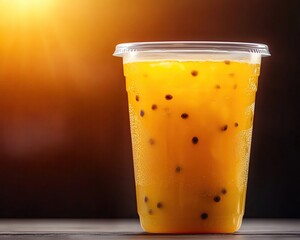 Mango passion fruit lemonade drink in clear glass with fresh fruit garnish, tropical mango passion fruit lemonade with mint and citrus, artisan mango passion fruit lemonade for summer menu photography