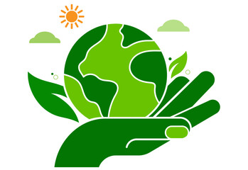 Green Hand that holds the Eco World. Earth day environmental sustainability. Vector illustration template.