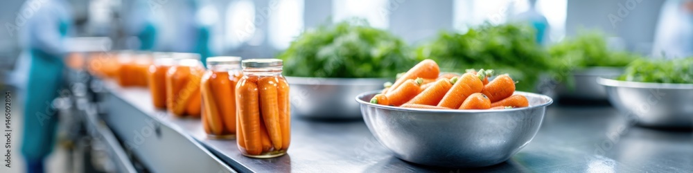 Poster dynamic process of vegetable canning in a modern factory setting with fresh produce