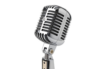 Fototapeta premium A shiny silver vintage microphone standing upright against a black background in a studio setting