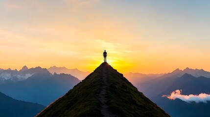 Hiker Silhouette on Mountain Peak at Sunrise