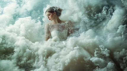 Dreamy Woman Surrounded by Clouds Wearing Elegant Lace Gown with Soft Makeup and Hair for Fantasy or Fairytale Concept