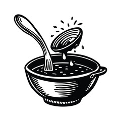 a ladle pouring soup into bowl vector art silhouette