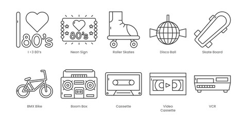 Nostalgia  Outline Icons Set – I -3 80'S, Neon Sign, Roller Skates, Bmx Bike, Boom Box, Disco Ball, Skate Board, Cassette, Fanny Pack, Vcr, Editable Stroke.