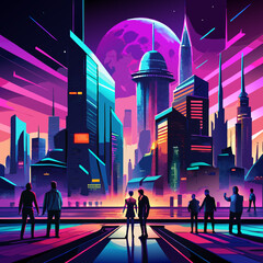 Silhouettes of people in futuristic cityscape digital urban environment vibrant colours skyscrapers neon lights modern city background