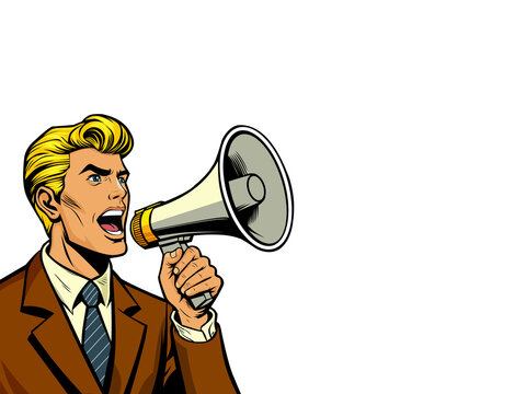 businessman shouting into megaphone