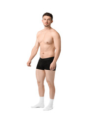 Fototapeta premium Young man in stylish black underwear on white background