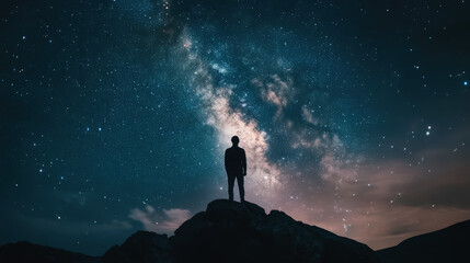 Fototapeta premium A silhouette of a person stands on a mountain, gazing at the Milky Way stretching across a star-filled night sky, evoking wonder and cosmic curiosity