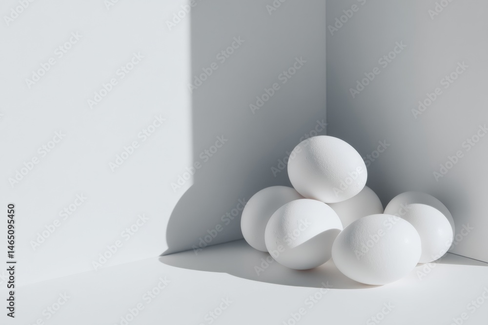 Poster Soft Shadows of White Eggs Resting in a Minimal Corner Space for Branding Purposes During Daylight Hours Generative AI