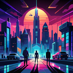 Silhouettes of people in futuristic cityscape digital urban environment vibrant colours skyscrapers neon lights modern city background
