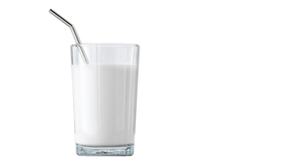 Refreshing glass of milk with a straw isolated on white background