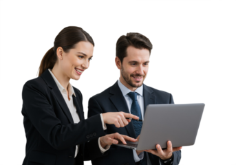A businessman discussing a report with a colleague in an office, isolated on a transparent background
