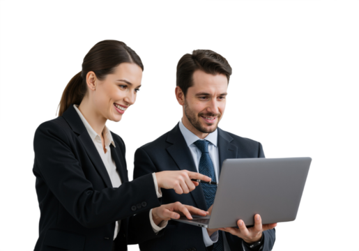 A businessman discussing a report with a colleague in an office, isolated on a transparent background - Powered by Adobe