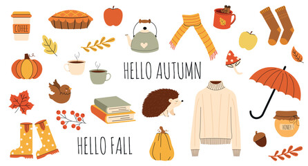Big vector horizontal Hello Autumn set in hand-drawn style. Cozy fall doodles perfect for seasonal gifts, banners, postcards, and greeting cards. Warm autumn collection in flat style.