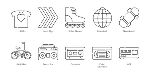 Nostalgia  Outline Icons Set – I  -3 80’S, Neon-Sign, Bmx-Bike, Boom-Box, Cassette, Disco-Ball, Roller-Skates, Skate-Board, Fanny-Pack, Shoulder-Pads, Editable Stroke.