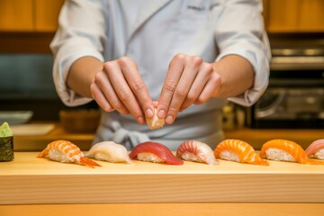 Celebrating International Sushi Day with a master sushi chef preparing exquisite nigiri at a traditional sushi counter