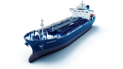 A cargo ship clipart, maritime transport element, 3D illustration, deep blue tones, isolated on white background.