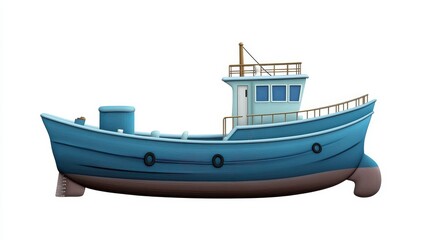 A cargo ship clipart, maritime transport element, 3D illustration, deep blue tones, isolated on white background. 