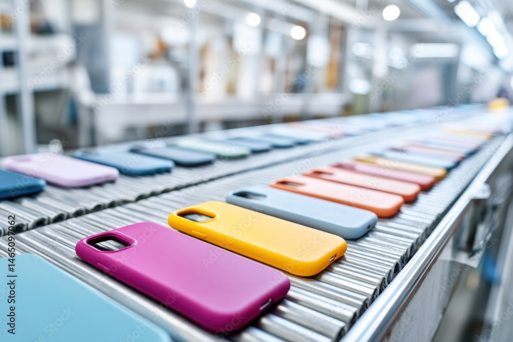 Poster colorful phone cases move along the assembly line in a bright factory setting