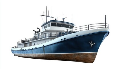 A cargo ship clipart, maritime transport element, 3D illustration, deep blue tones, isolated on white background. 
