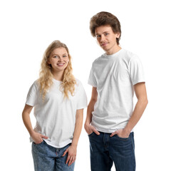 Obraz premium Young woman and man wearing blank t-shirts on white background. Mockup for design