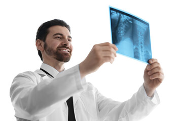 Smiling doctor examining neck MRI scan on white background, low angle view