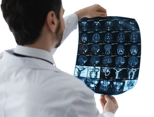 Doctor examining brain MRI scan on white background, back view