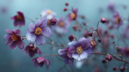 Macro shot of purple wildflowers with dewdrops, soft background bokeh and a dreamy, cold-toned atmosphere.
