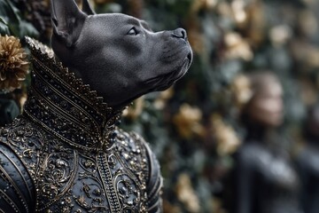Elegant dog in ornate attire posed against lush floral backdrop at a stylish pet event