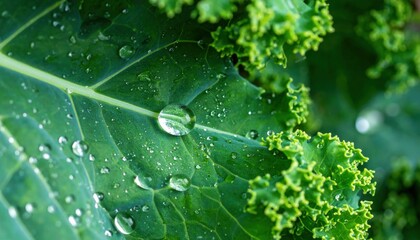 Obraz premium Refreshing kale leaves with dew drops garden nature photography outdoor close-up freshness