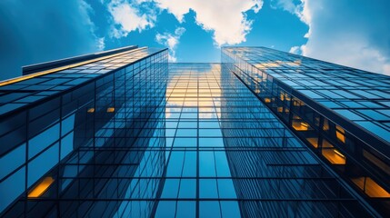 High-rise office building with glass facade reflecting sky and clouds, creating geometric urban form from below.
