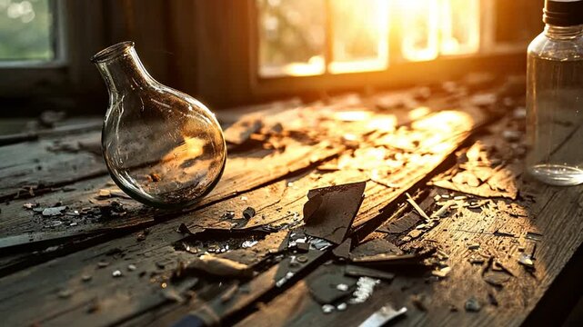 Broken glass and a vintage flask on a sunlit wooden floor in an abandoned room