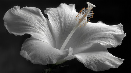 Elegant white hibiscus flower in dramatic lighting on a dark background, emphasizing texture and form.
