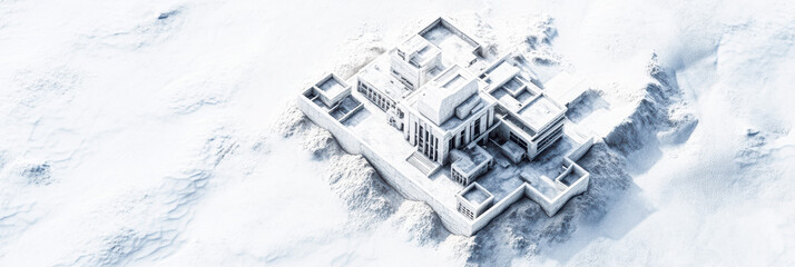 Snow-covered historic building winter landscape aerial view architectural photography isolated environment majestic concept