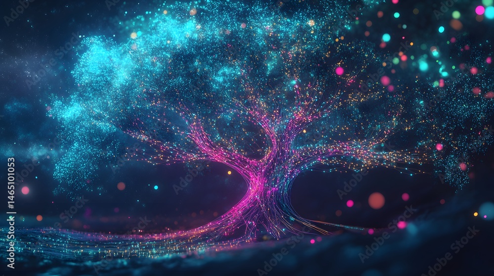 Poster vibrant digital tree design with glowing particles.
