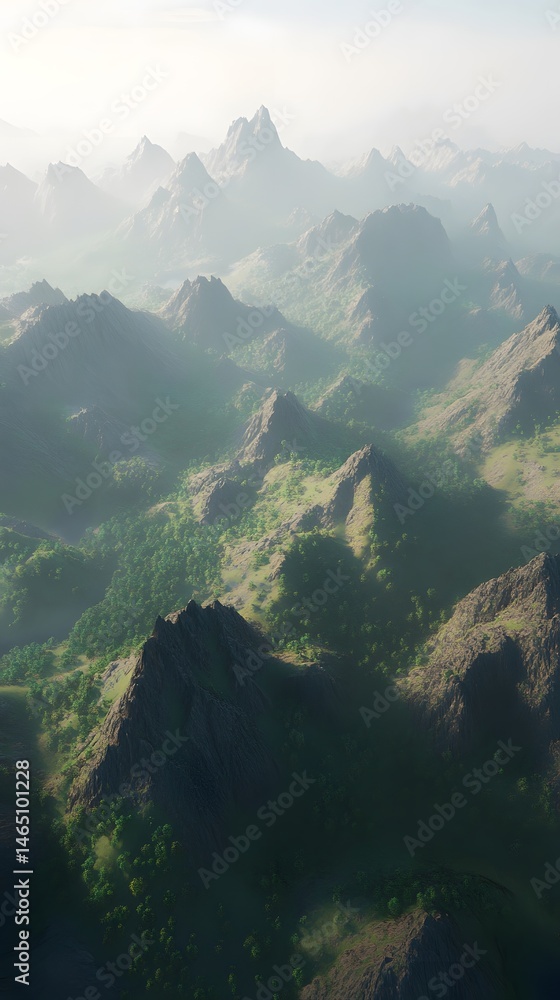 Aufkleber dramatic and serene mountainous landscape with hazy atmospheric conditions creating a mystical ether