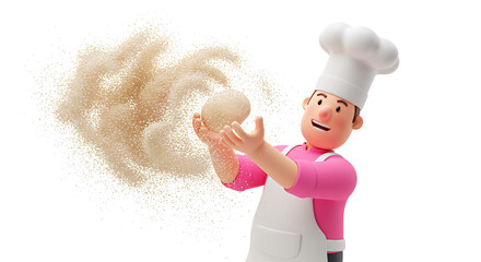 Cartoon baker tossing dough with flour for baking bread and making pizza in the kitchen concept art on transparent background