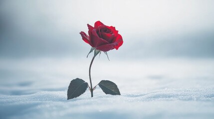 A vibrant red rose in a snow-covered ground